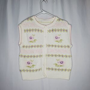 Vintage Button Sweater Vest Women Medium Fair Isle Floral Grandmacore Trad Wife